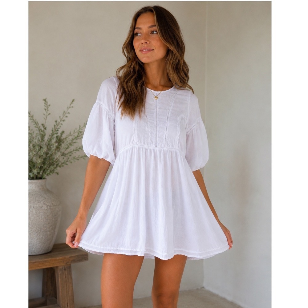Pampelone White Boho Babydoll Tunic Dress Top Size Small Rayon Puff Sleeve